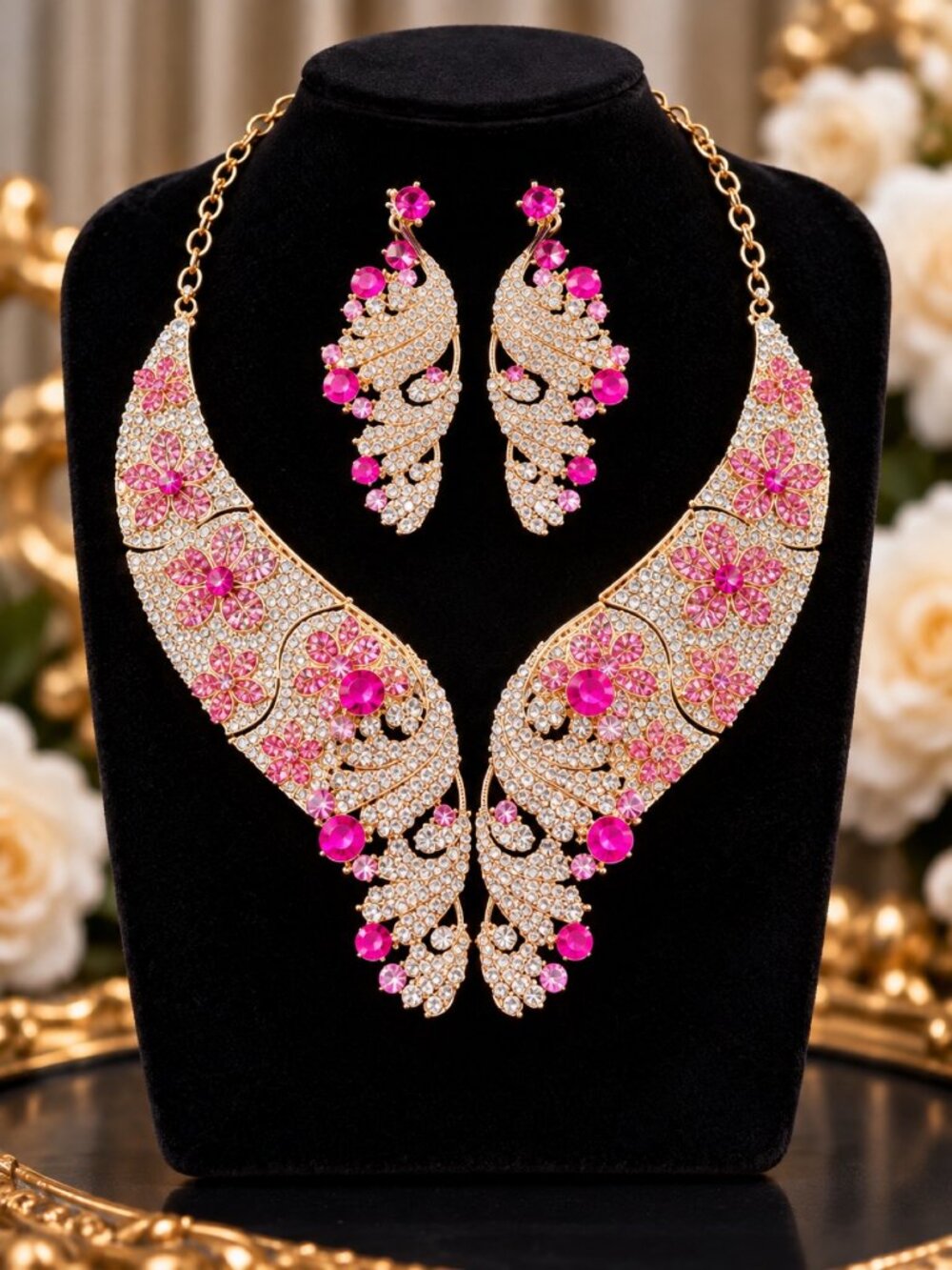 Elegant Peacock Crystal Statement Necklace & Earrings Set – Bridal Jewelry